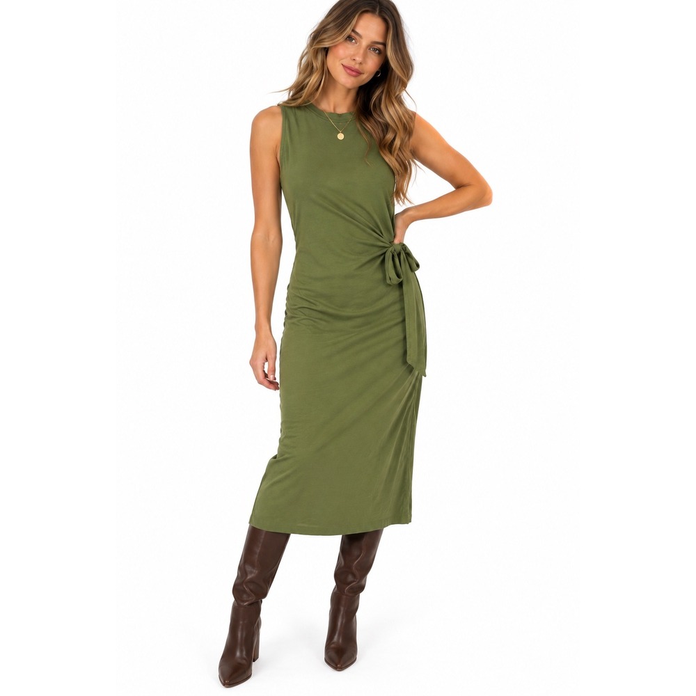 Grace + Karma Olive Green Midi Dress Women M Side Tie Ruched Minimalist